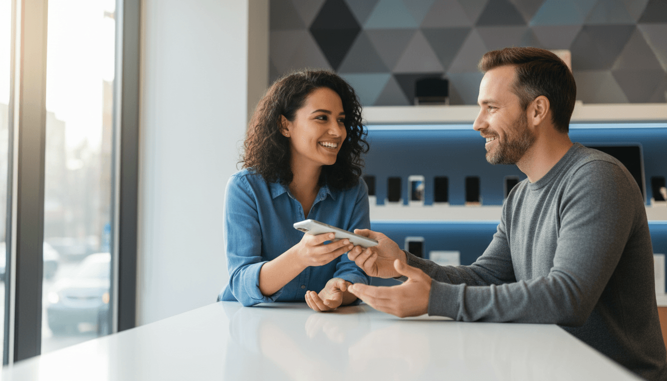Wireless store representative handing a phone to a customer