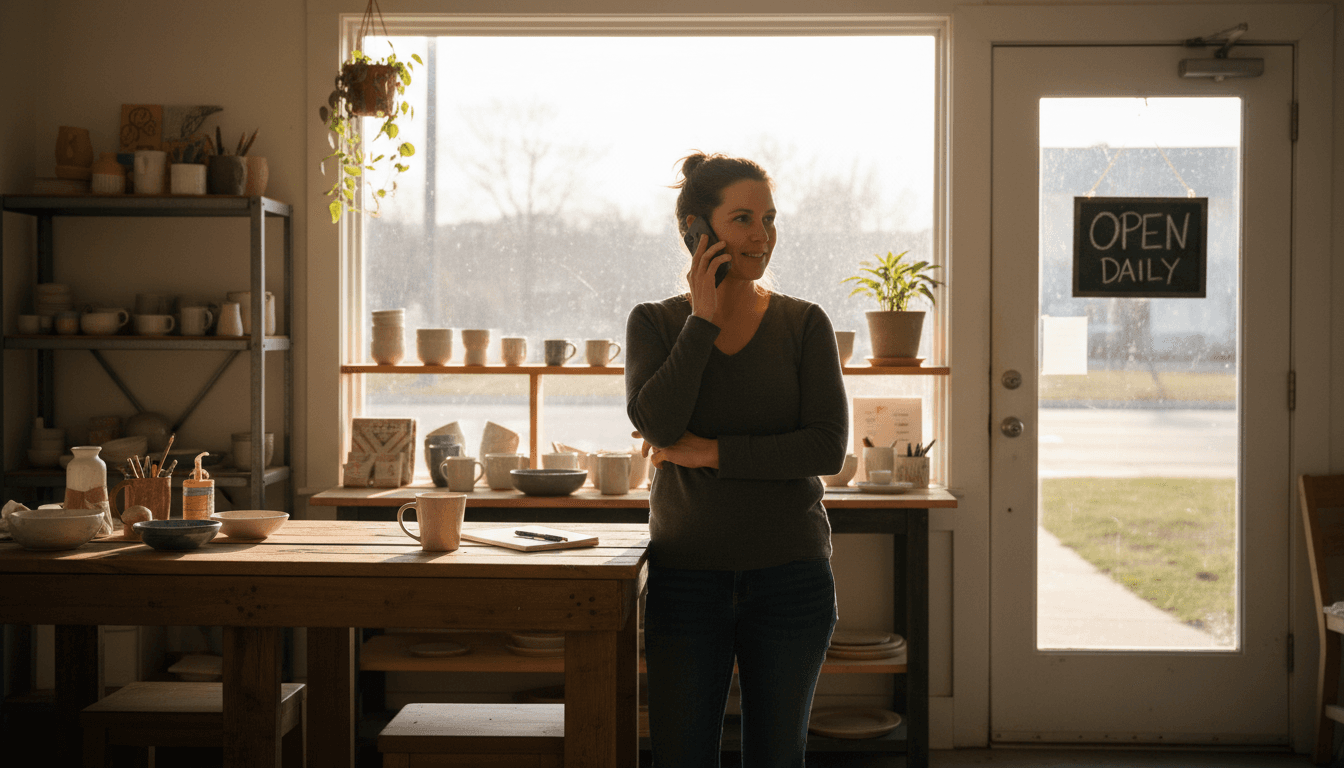 Small business owner talking on a phone inside their shop