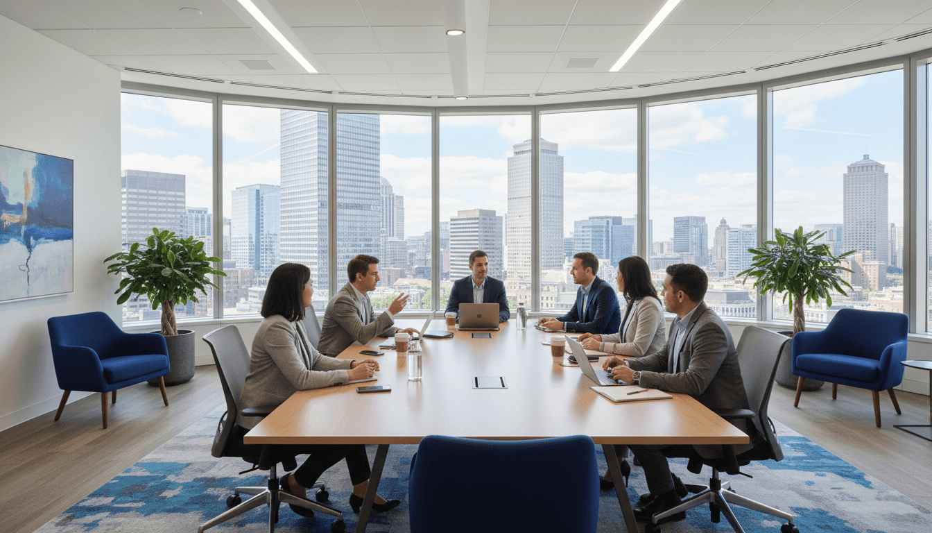 Business team collaborating in a bright Boston office with laptops and phones