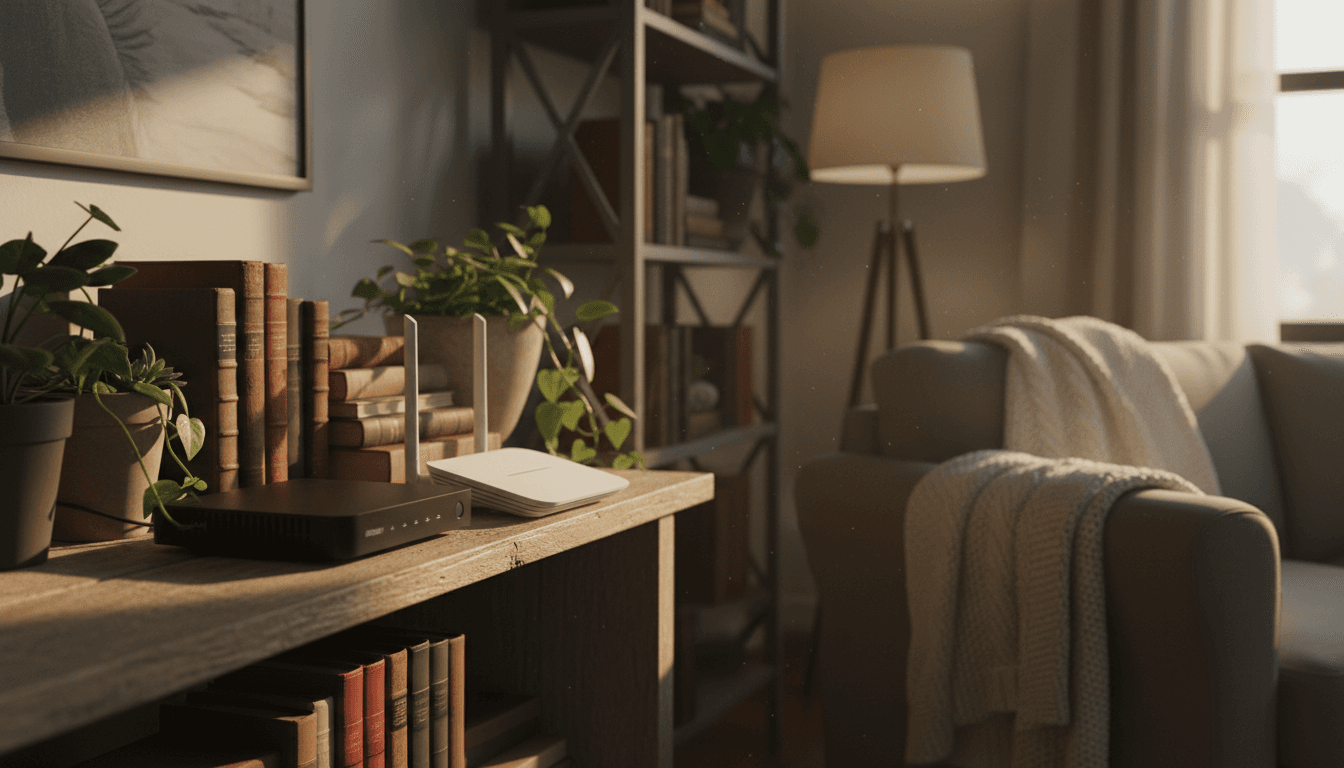 Wireless router on a wooden shelf in a cozy living room