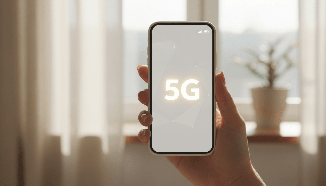 Hand holding a smartphone with a 5G signal on the screen