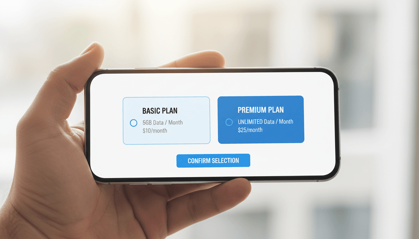 Hand holding a smartphone with a clean plan selection screen