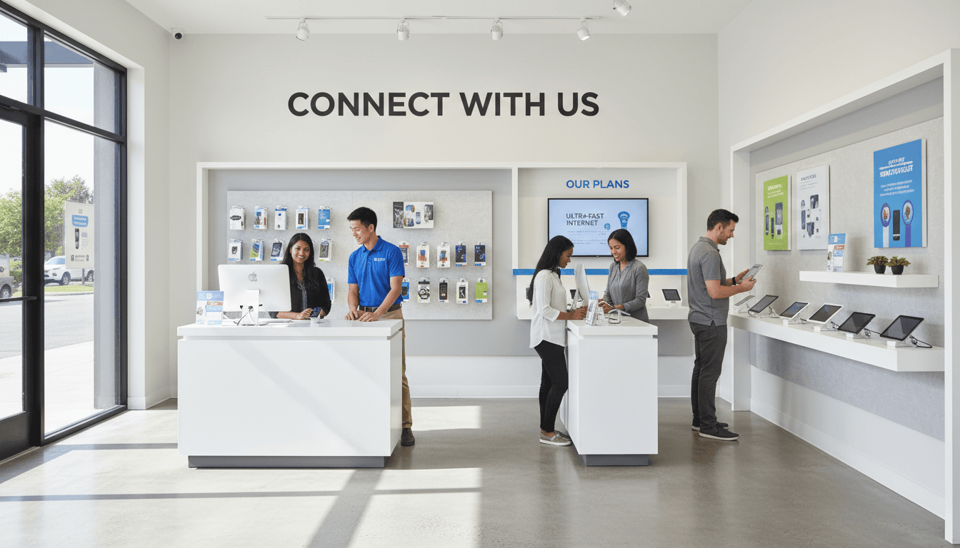 Customer service representative assisting a customer at a wireless store counter