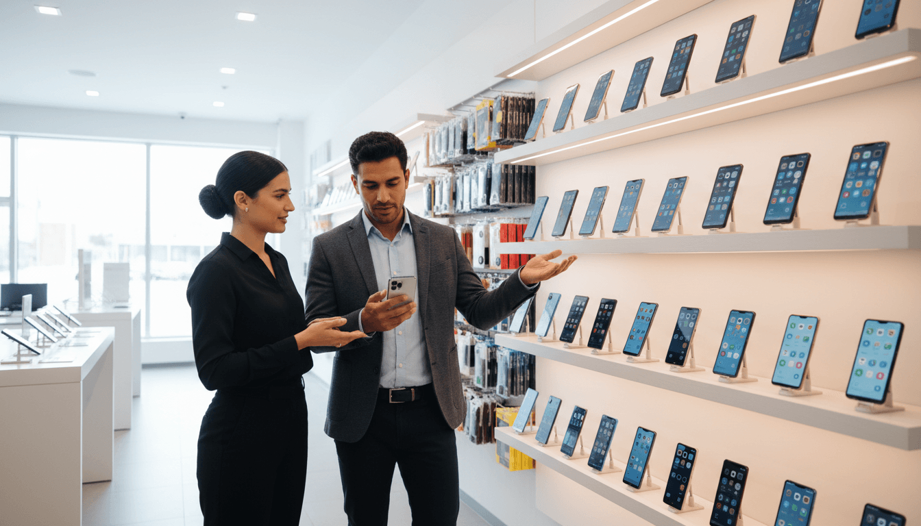 Customer handing over a smartphone to a friendly sales associate in a bright modern wireless store