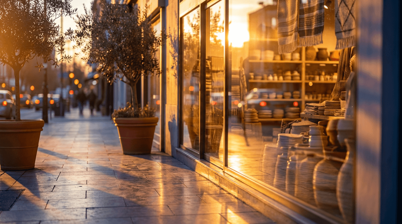 Customer and service representative in casual conversation outside a Boston storefront