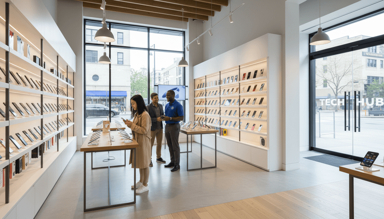 A clean, modern aesthetic wide shot of a bright wireless phone store interior in Boston, with a friendly sales associate standing at the counter ready to help a customer, shelves displaying phones and accessories, natural daylight coming through large front windows, blue and white brand accents, sharp focus, welcoming and approachable atmosphere