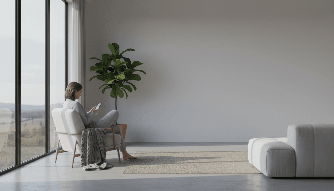 Person using a smartphone while relaxing on a couch in a bright living room